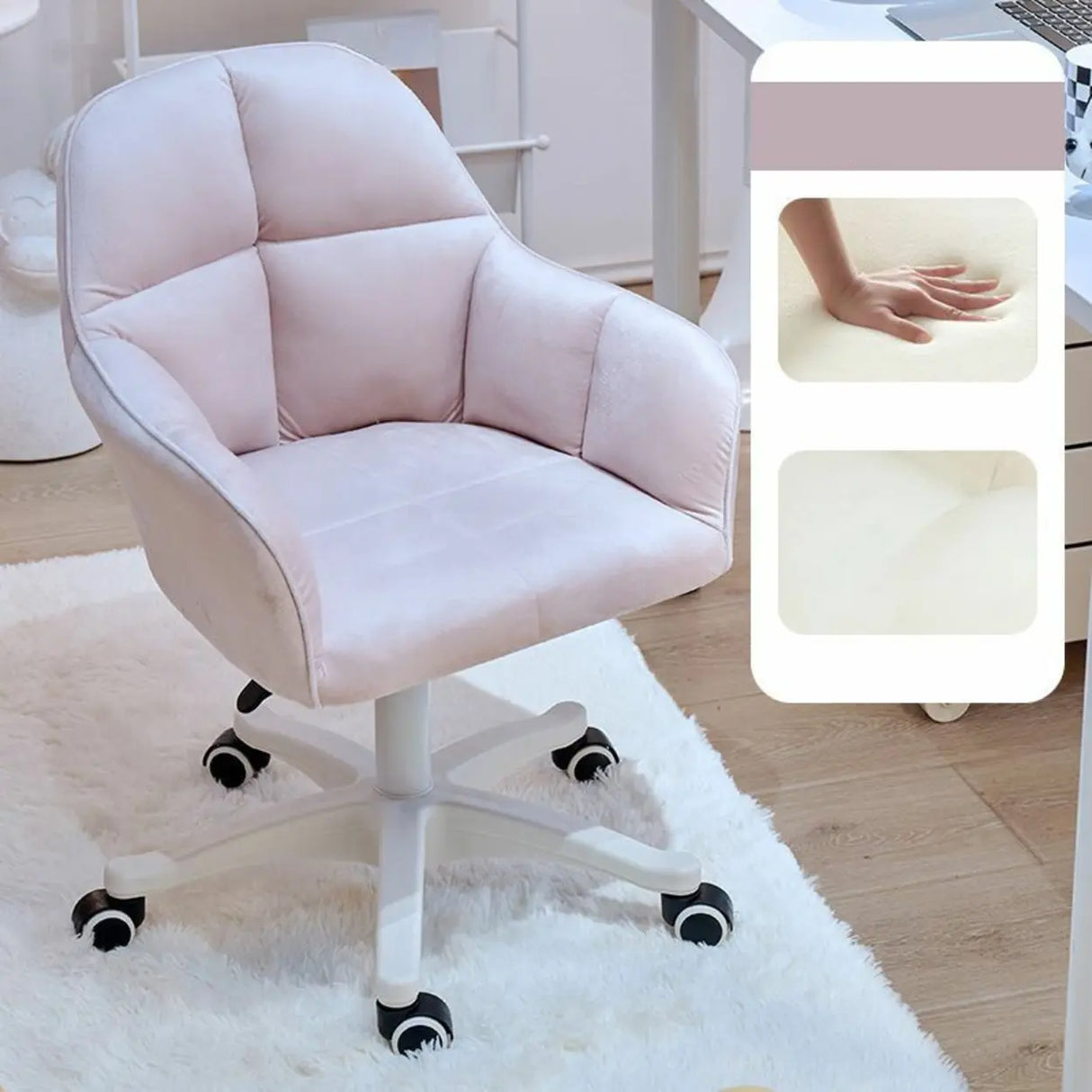 Adjustable Upholstered Swivel Beige Casters Office Chair Image - 6
