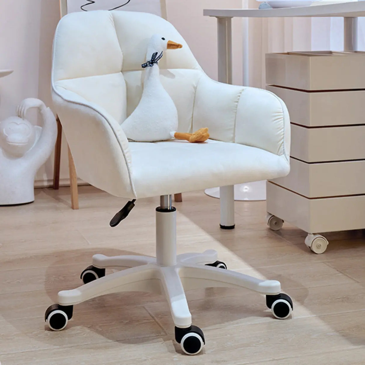 Adjustable Upholstered Swivel Beige Casters Office Chair Image - 8