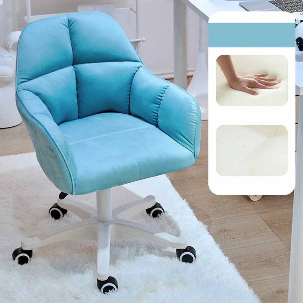 Adjustable Upholstered Swivel Beige Casters Office Chair Image - 9