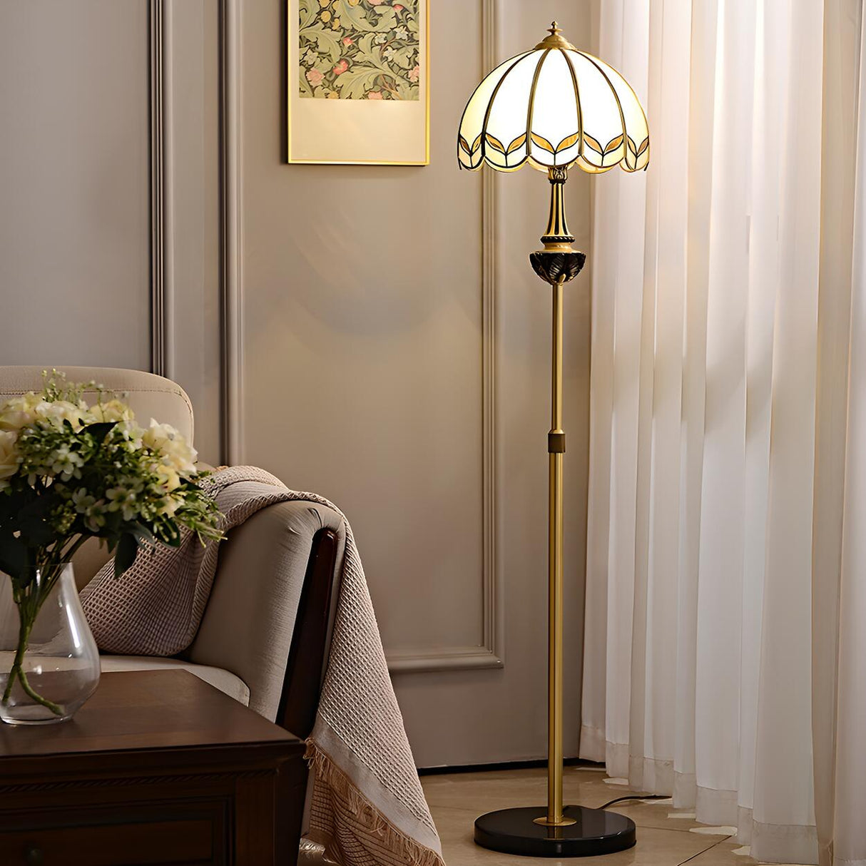 Adjustable Vintage Brass Stained Glass Dome Floor Lamp Image - 1