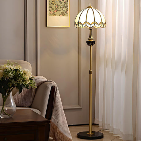 Adjustable Vintage Brass Stained Glass Dome Floor Lamp Image - 1