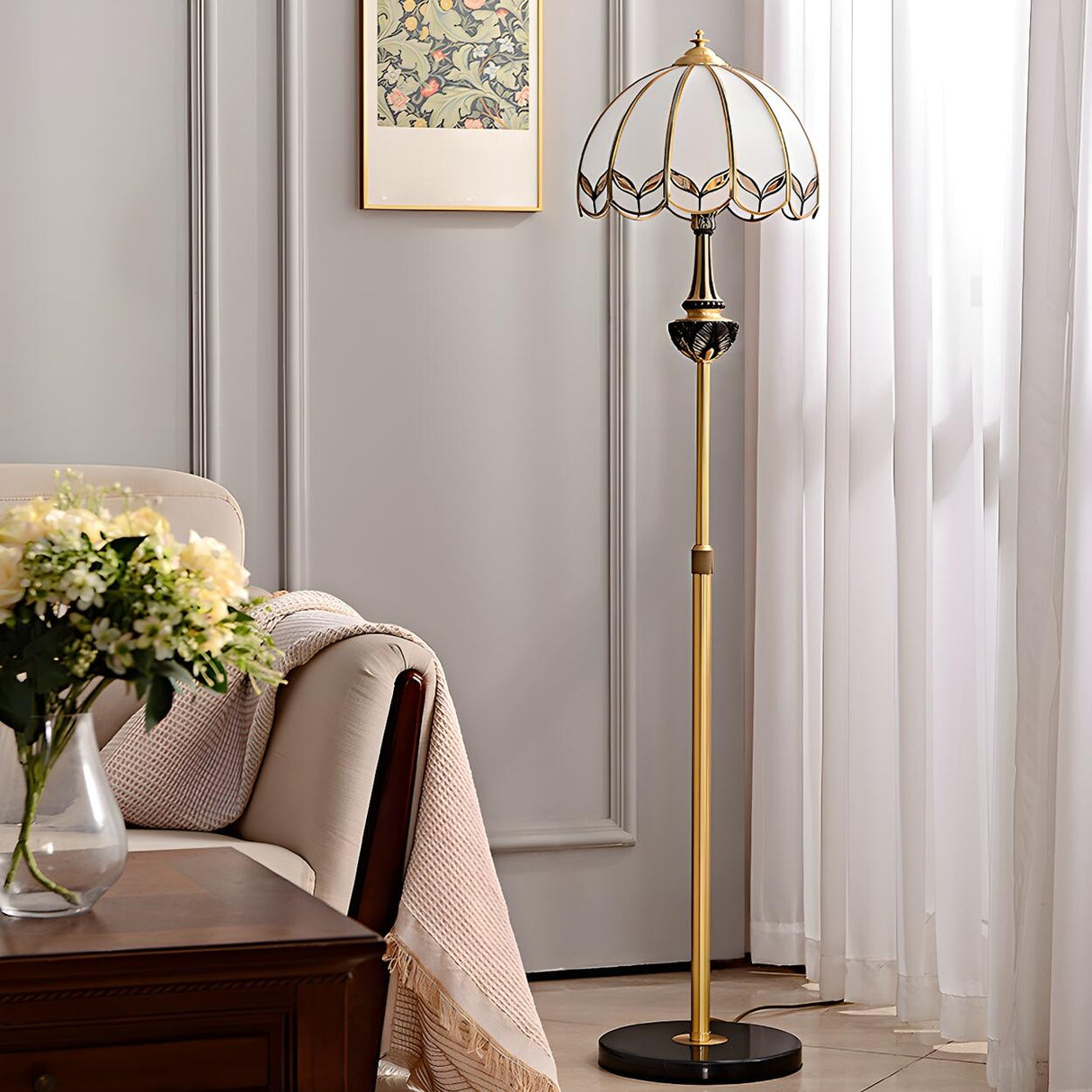 Adjustable Vintage Brass Stained Glass Dome Floor Lamp Image - 4
