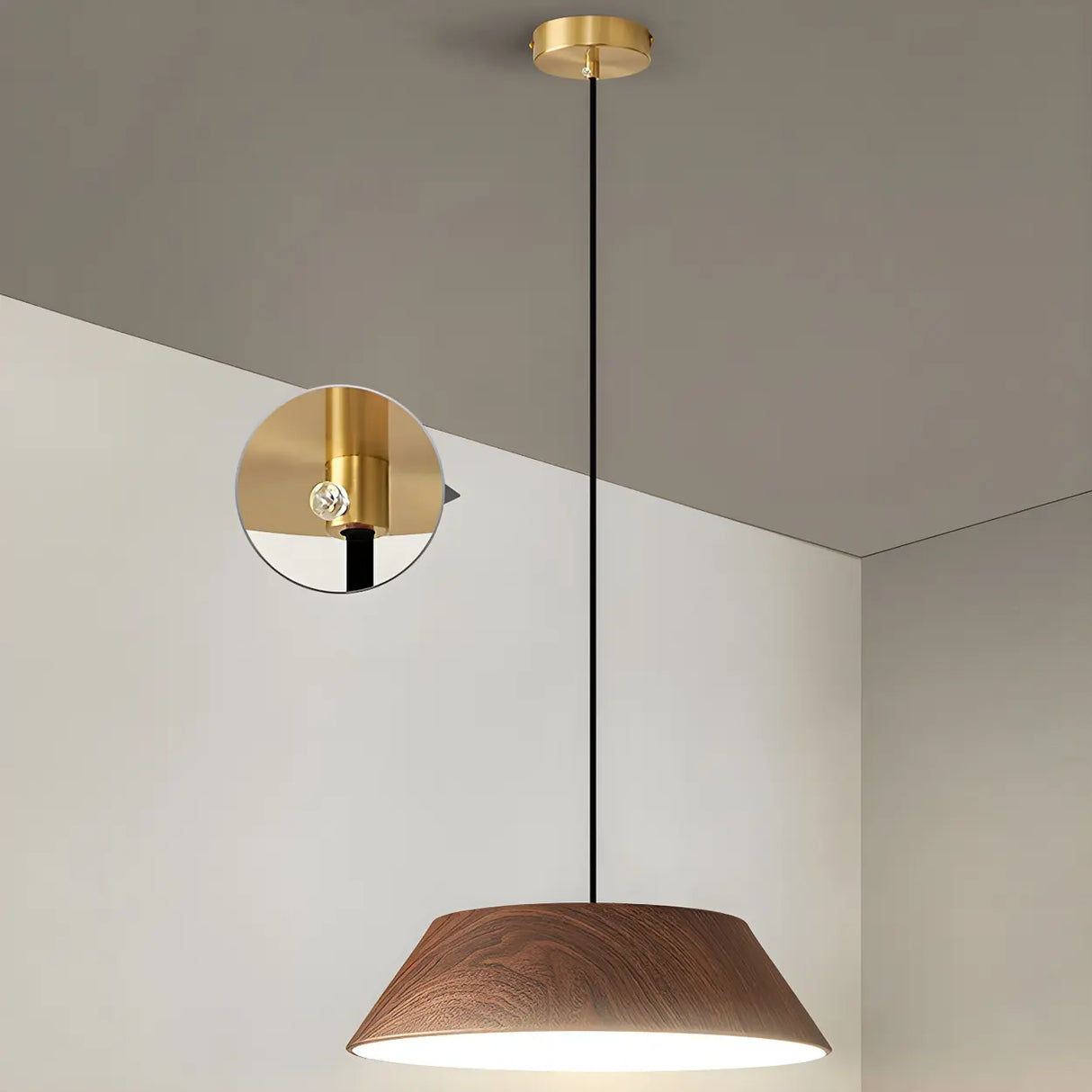 Adjustable Walnut Wood Rope Cone Frustum Pendant Light Image - 12