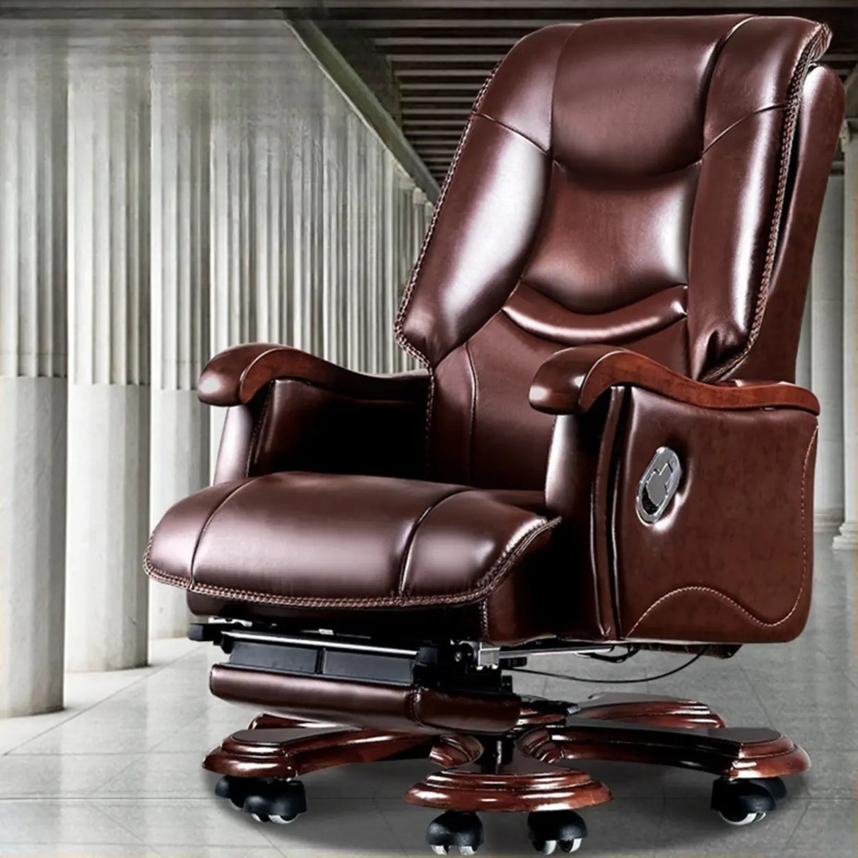 Adjustable Waterfall Brown Leather Reclining Office Chair Image - 1