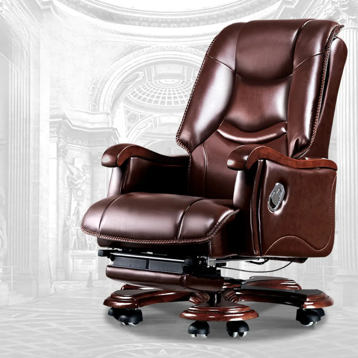 Adjustable Waterfall Brown Leather Reclining Office Chair Image - 3