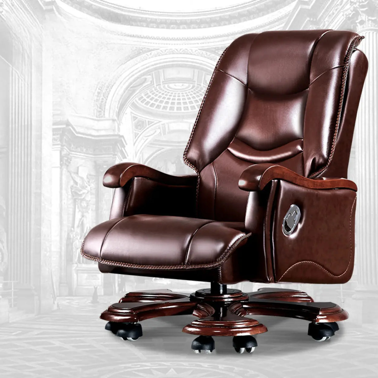 Adjustable Waterfall Brown Leather Reclining Office Chair Image - 5