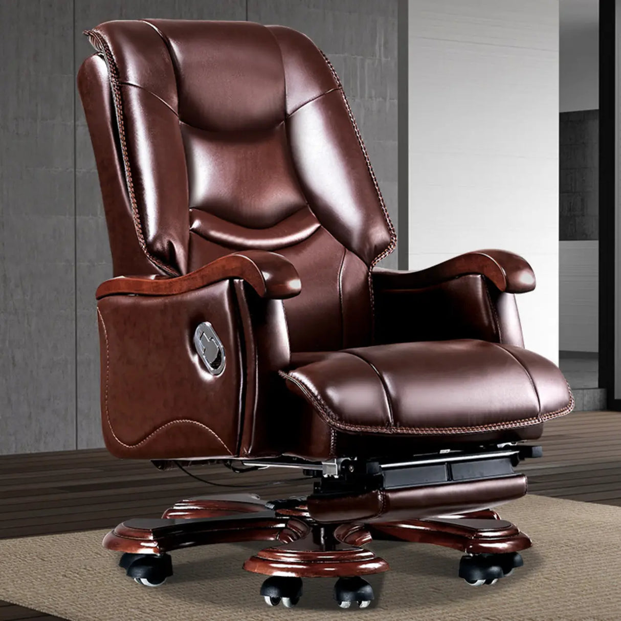 Adjustable Waterfall Brown Leather Reclining Office Chair Image - 8