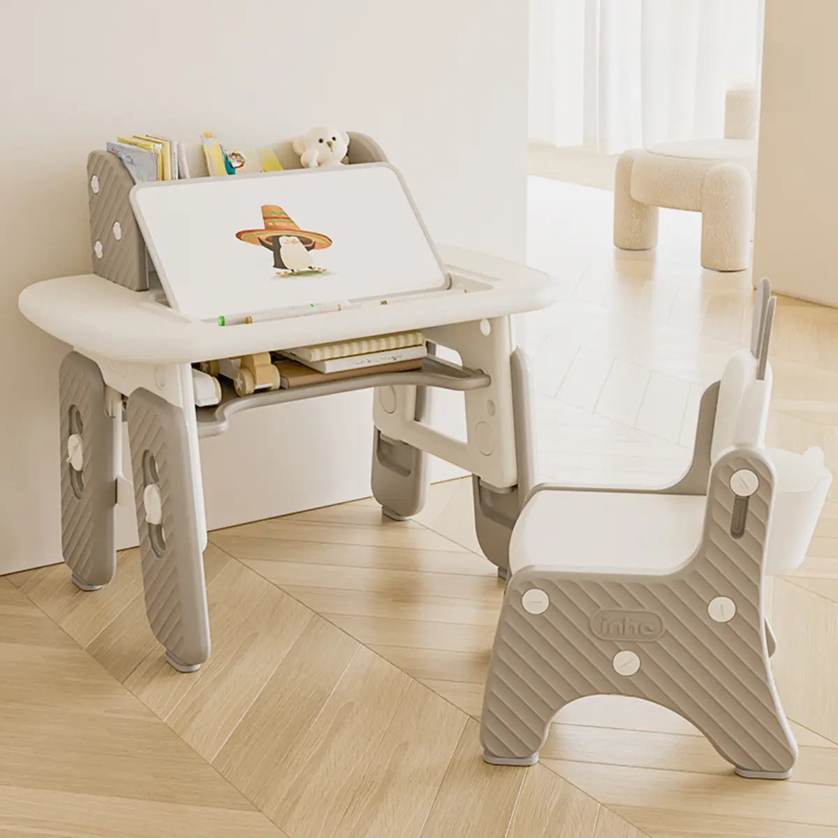 Adjustable White Toddler Desk Cahir Set with Storage Image - 3