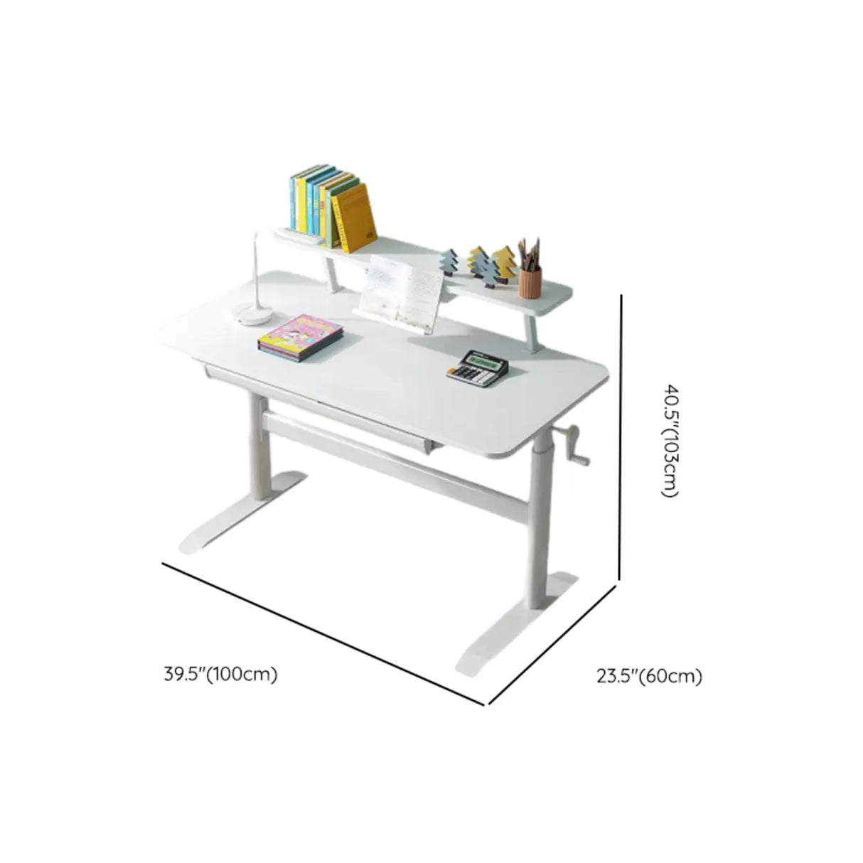 Adjustable White Wood Kids Desk with Exterior Shelf 