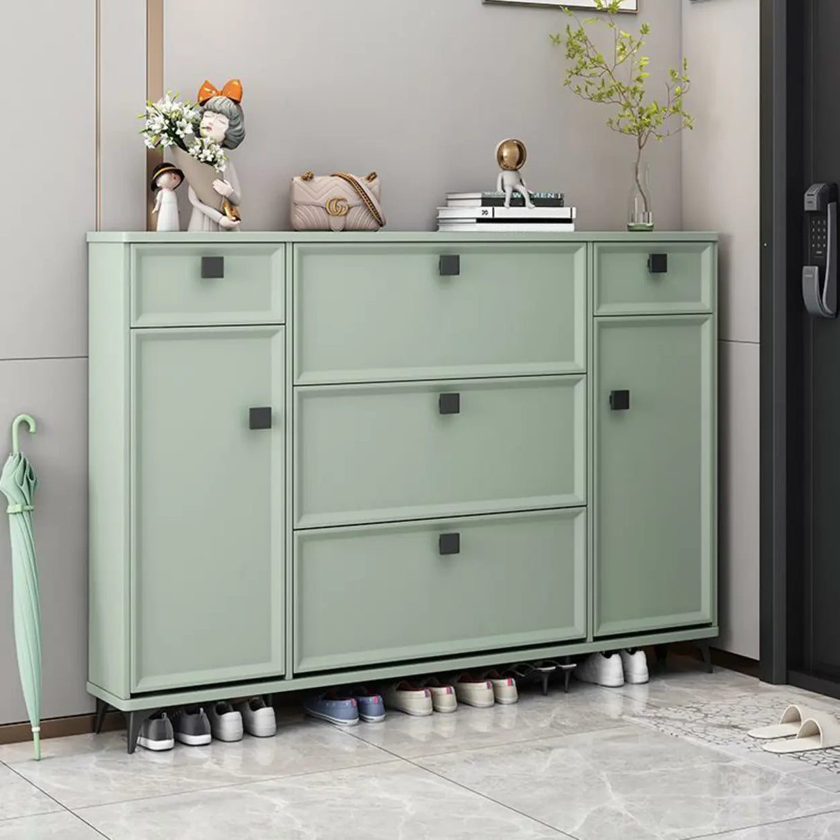 Adjustable Wood Green Large Drop Front Shoe Storage Cabinet Image - 6