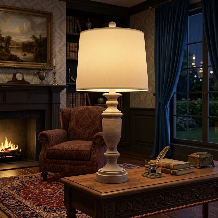 Natural wood table lamp with fabric drum shade for bedroom and living room