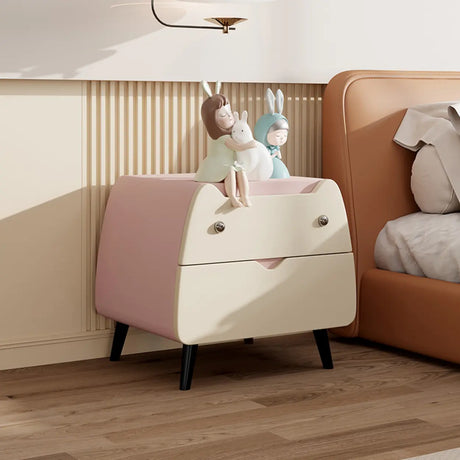 Animal Theme Leather Wood Kids Nightstand with 2-Drawer Image - 2