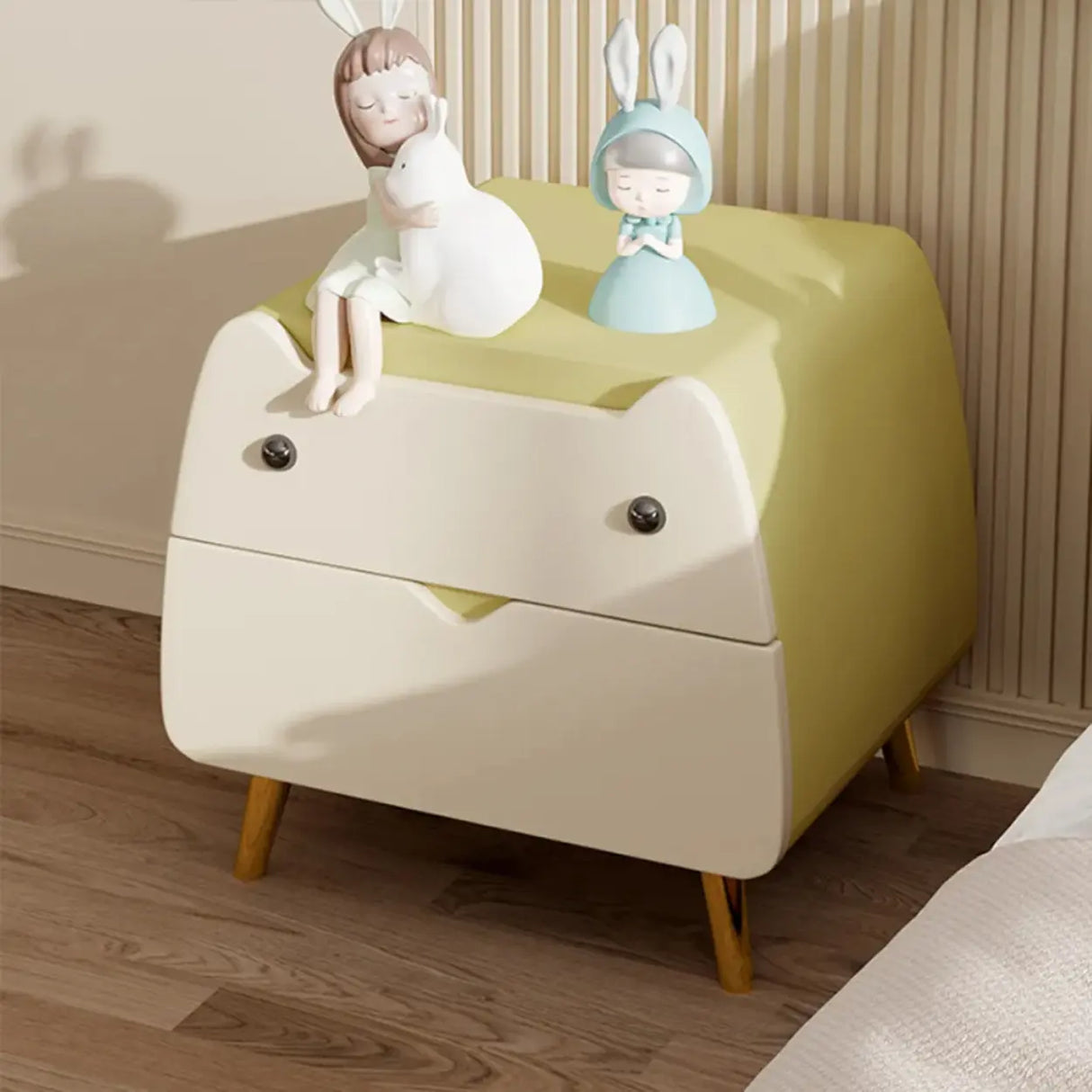 Animal Theme Leather Wood Kids Nightstand with 2-Drawer Image - 3