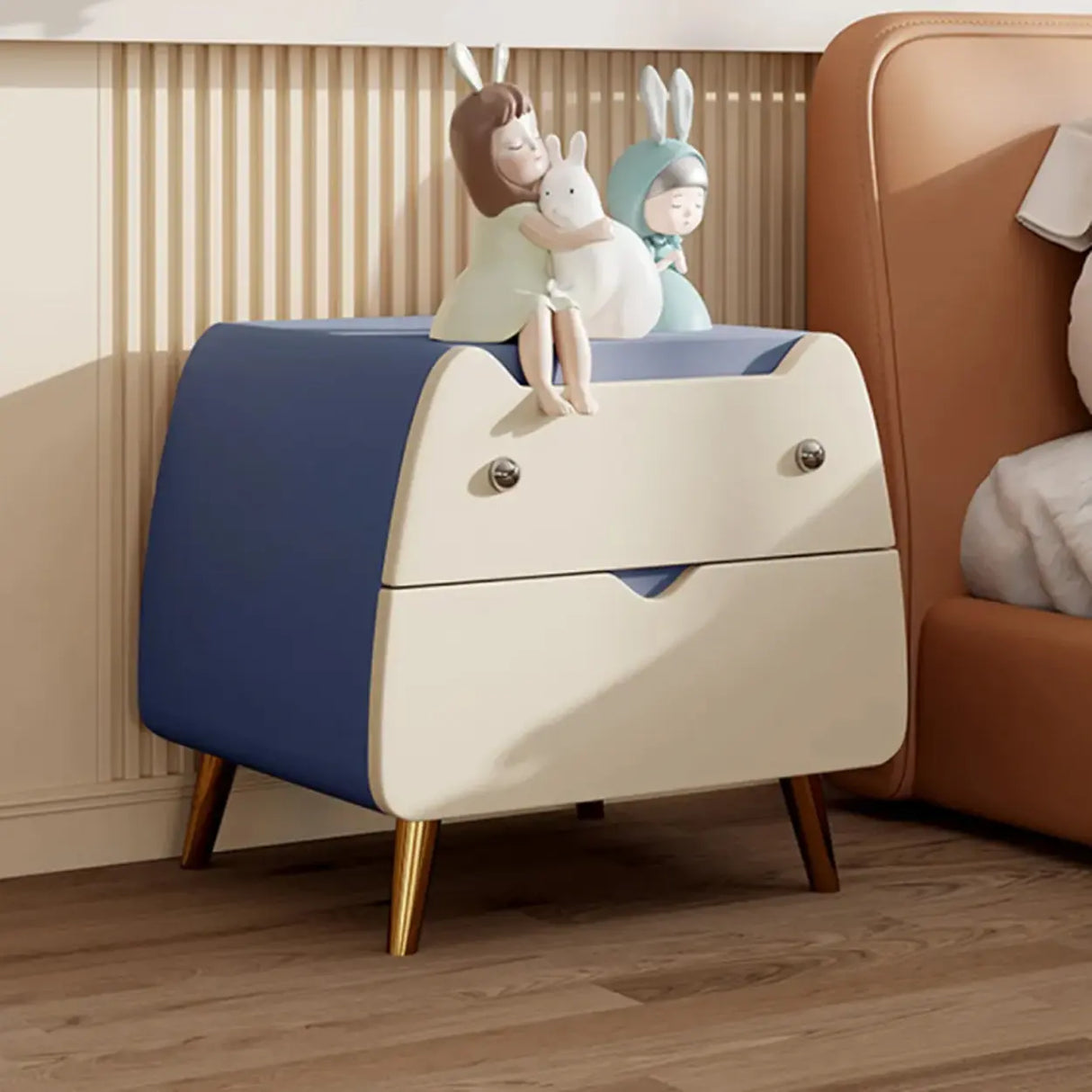Animal Theme Leather Wood Kids Nightstand with 2-Drawer Image - 6