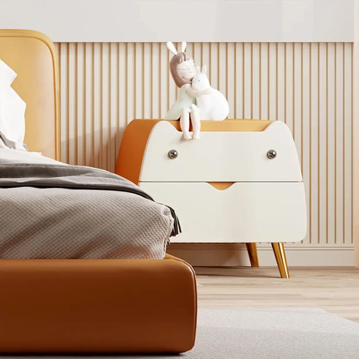 Animal Theme Leather Wood Kids Nightstand with 2-Drawer Image - 9