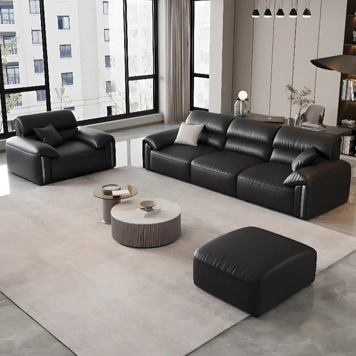Antimicrobial Waterproof Leather Black 3 Seater Sofa Image - 7
