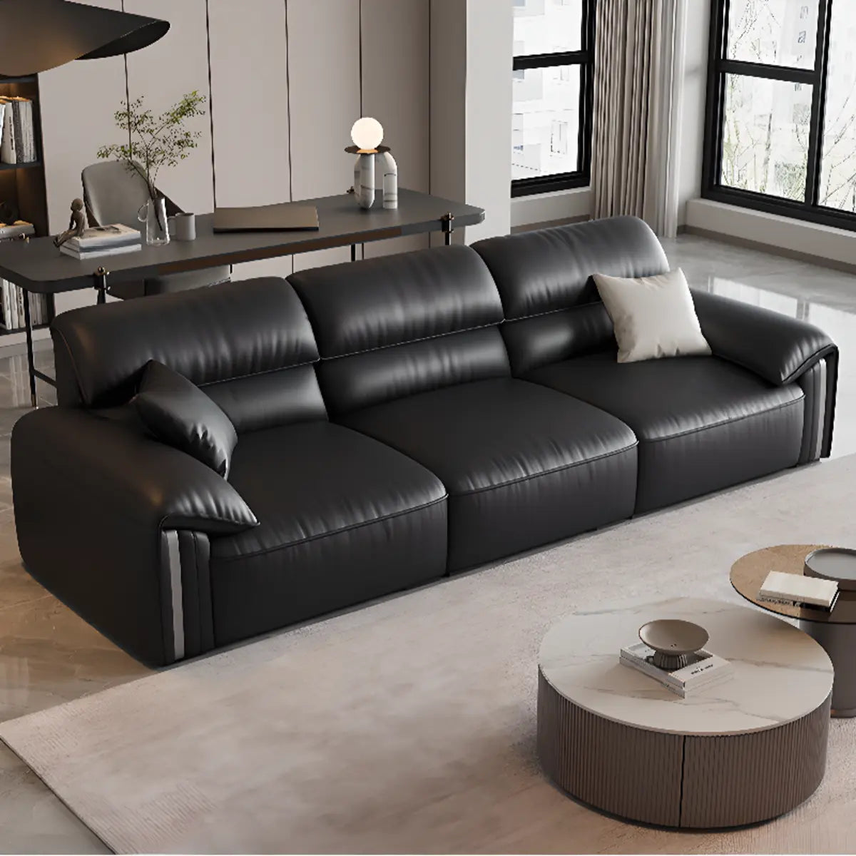 Antimicrobial Waterproof Leather Black 3 Seater Sofa Image - 9