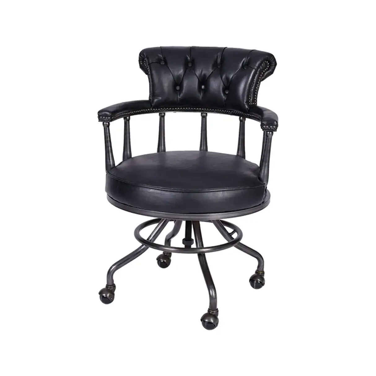 Antique Black Leather Chesterfield Office Chair with Casters Image - 10