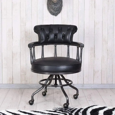 Antique Black Leather Chesterfield Office Chair with Casters Image - 2