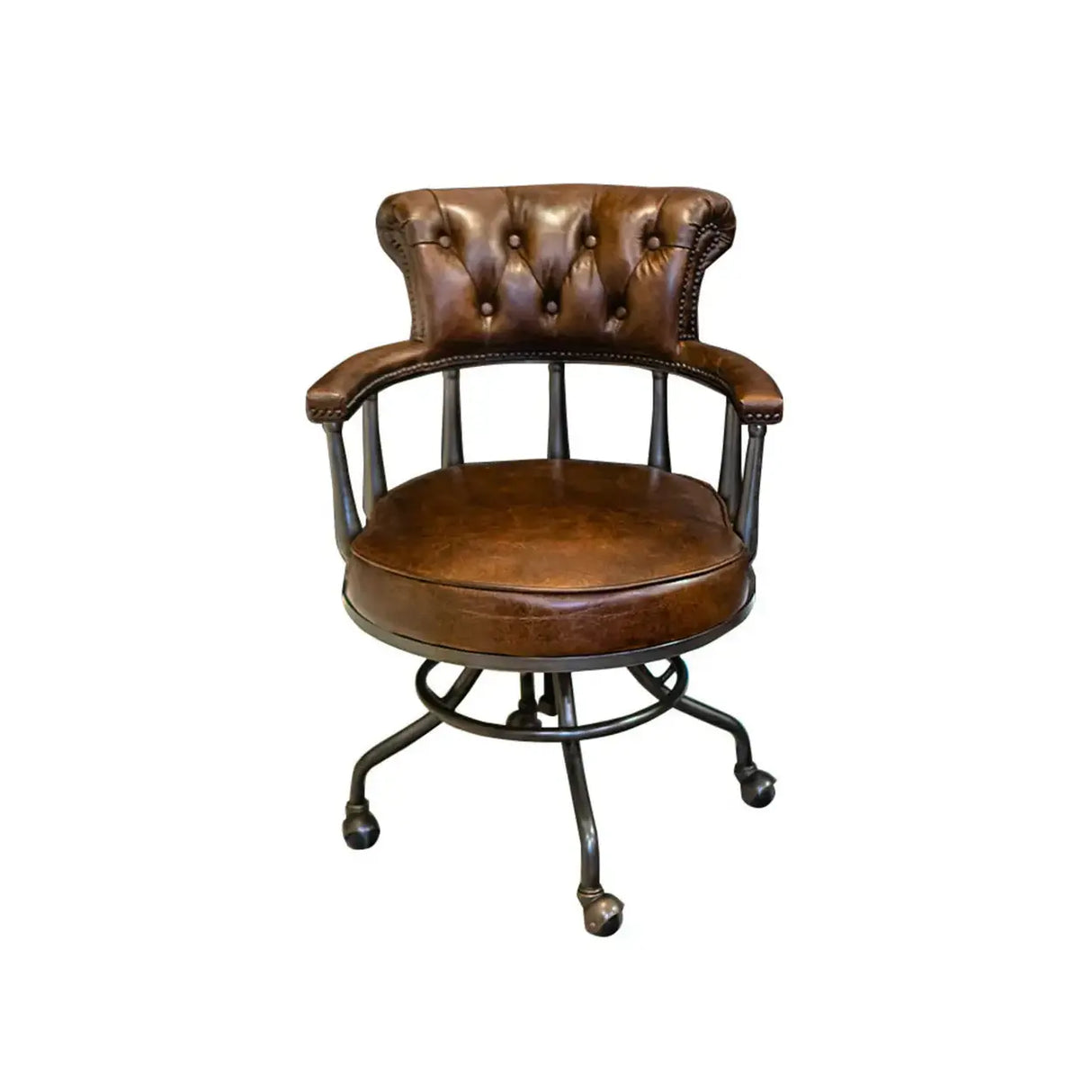 Antique Black Leather Chesterfield Office Chair with Casters Image - 7