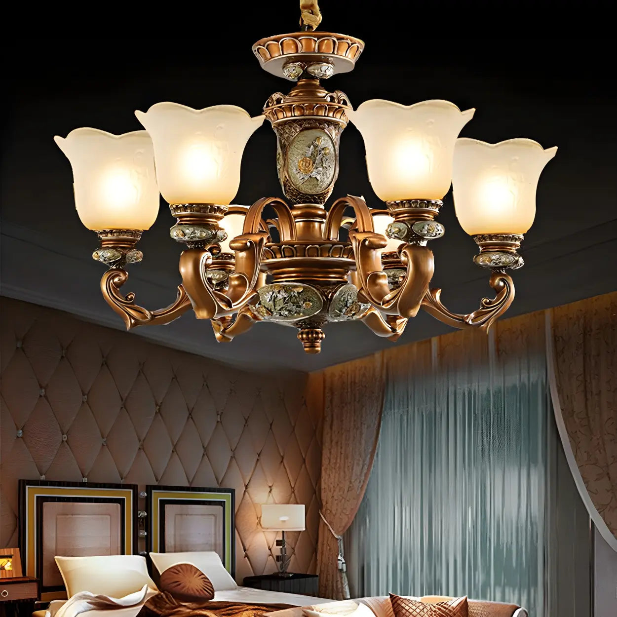 Antique Bronze Frosted Glass Flower Chandelier Bedroom Image - 1
