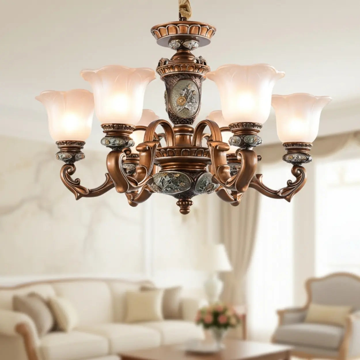 Antique Bronze Frosted Glass Flower Chandelier Bedroom Image - 10