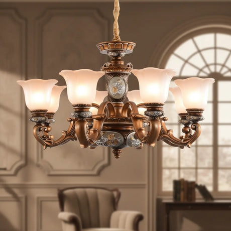 Antique Bronze Frosted Glass Flower Chandelier Bedroom Image - 13
