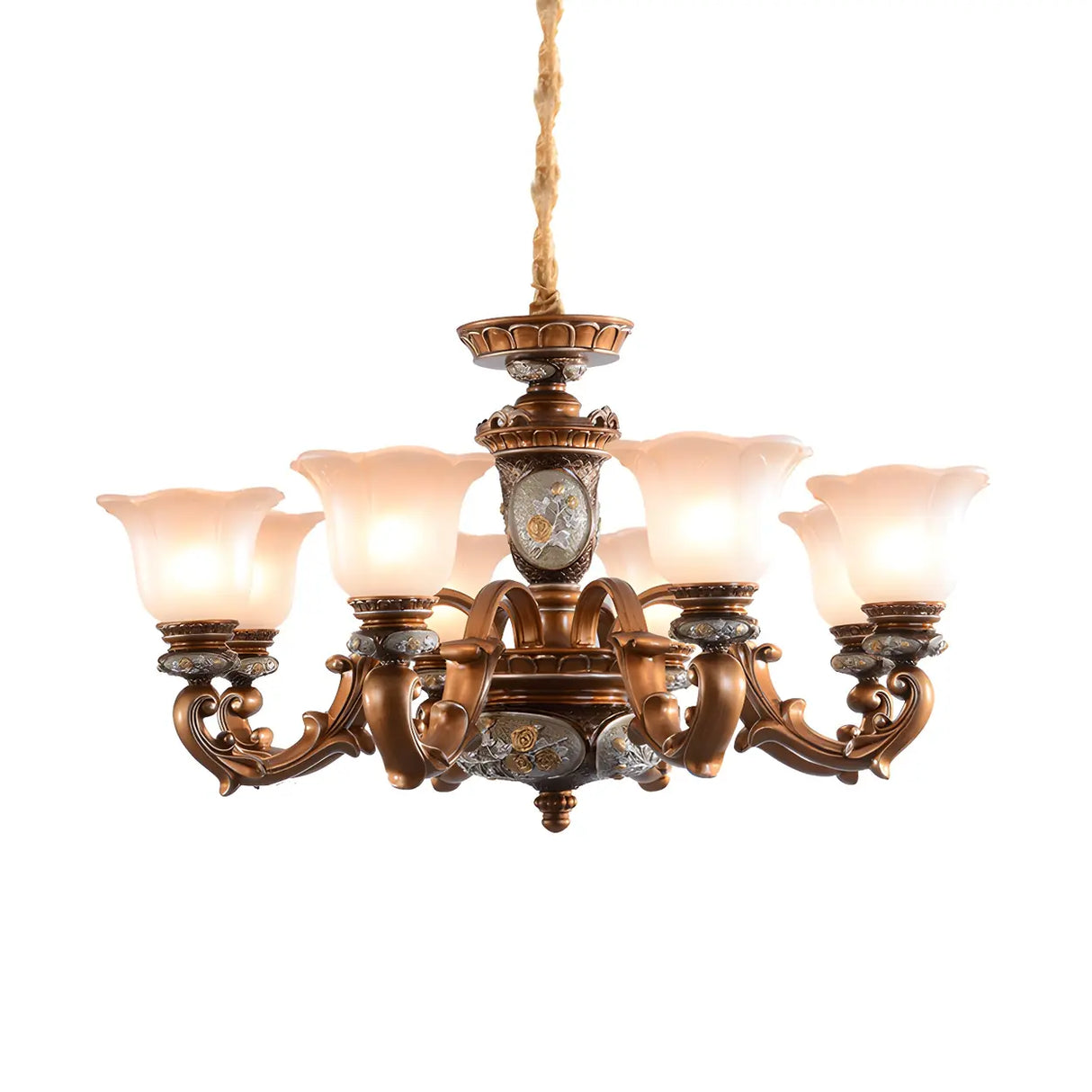 Antique Bronze Frosted Glass Flower Chandelier Bedroom Image - 14