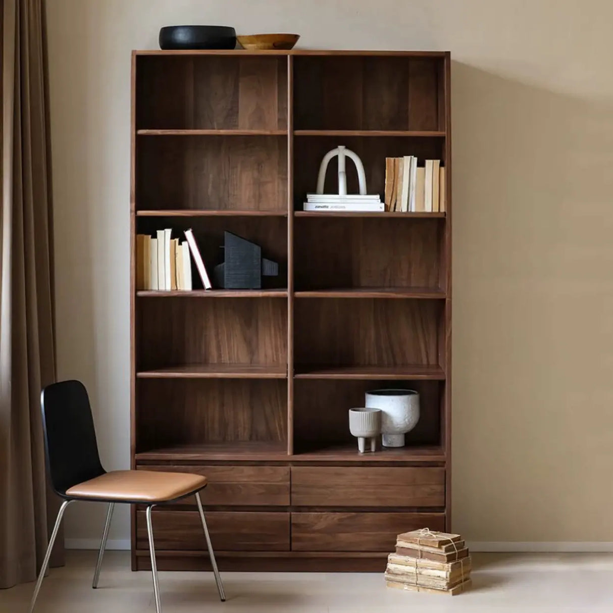 Antique Brown Vertical Wooden Storage Tall Bookcase Image - 3