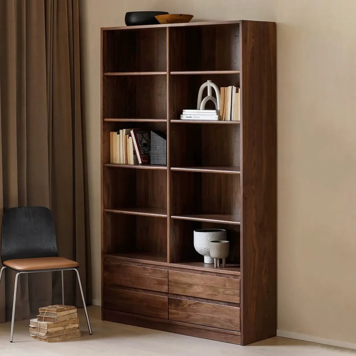 Antique Brown Vertical Wooden Storage Tall Bookcase Image - 6