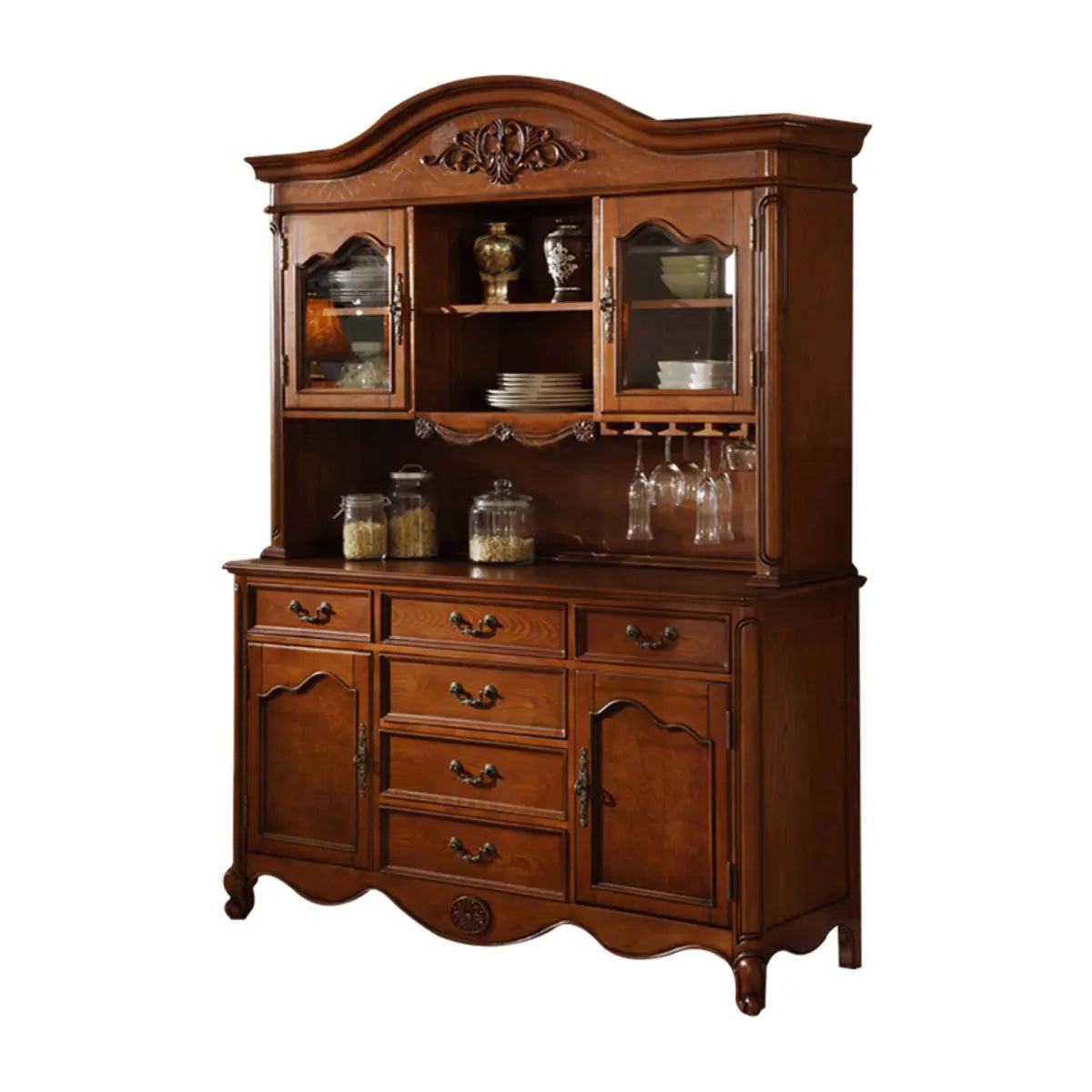 Antique Carved Wooden Kitchen Brown Tall China Cabinet Image - 5