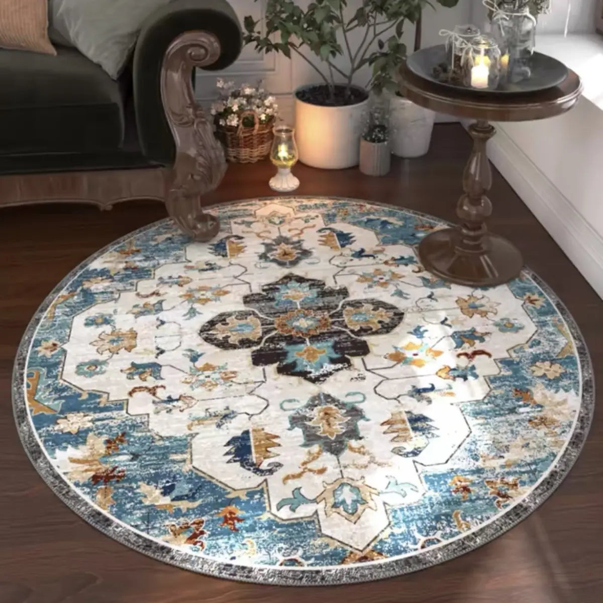 Antique Circular Southwestern Cotton Blue Area Rug Image - 11