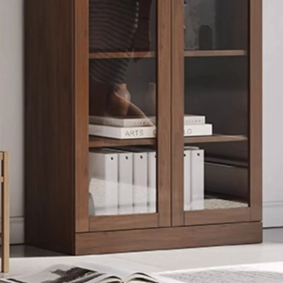 Antique Glass Door Vertical Wood Storage Bookcase Brown Image - 7
