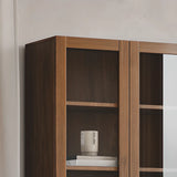 Antique Glass Door Vertical Wood Storage Bookcase Brown Image - 9
