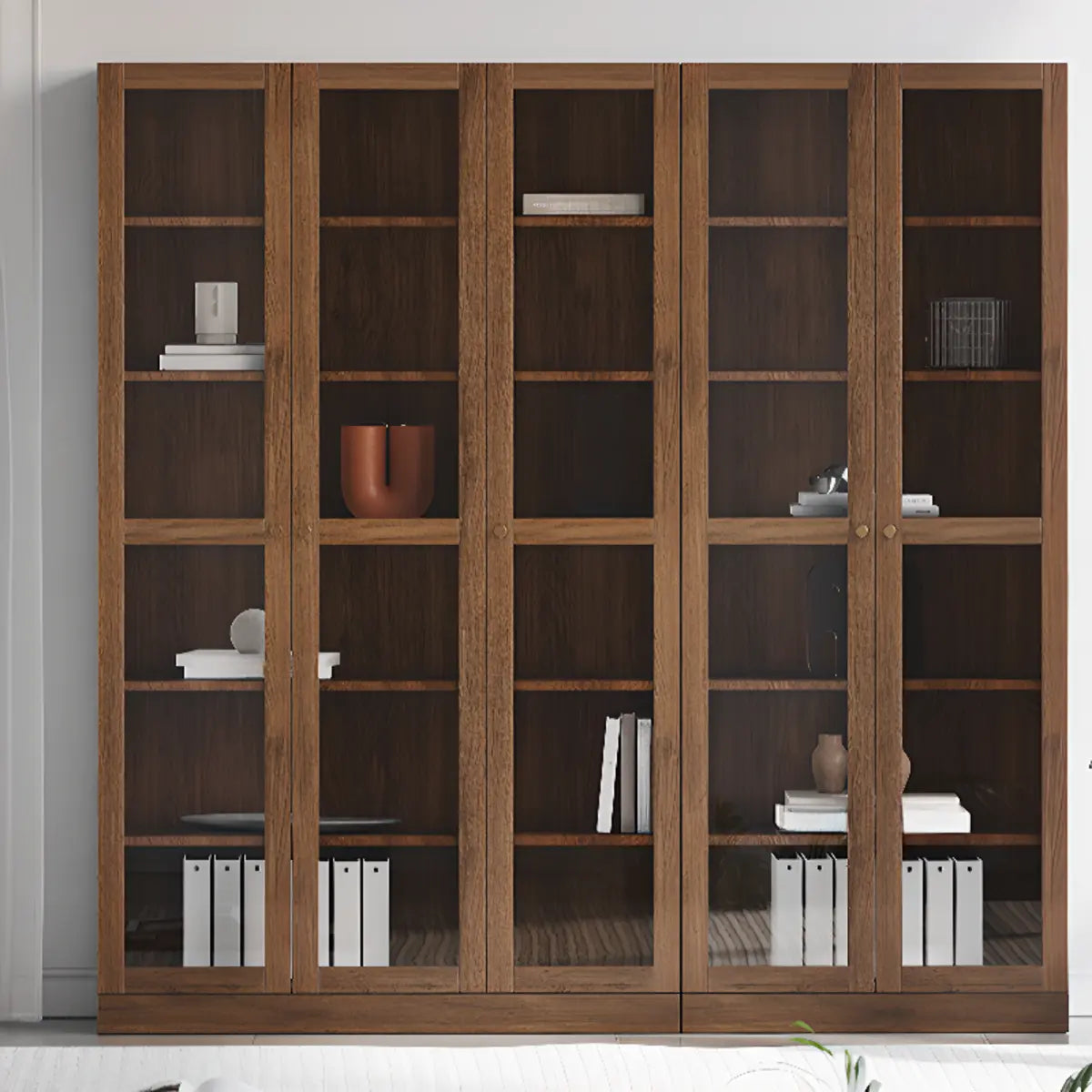 Antique Glass Door Vertical Wood Storage Bookcase Brown Image - 4