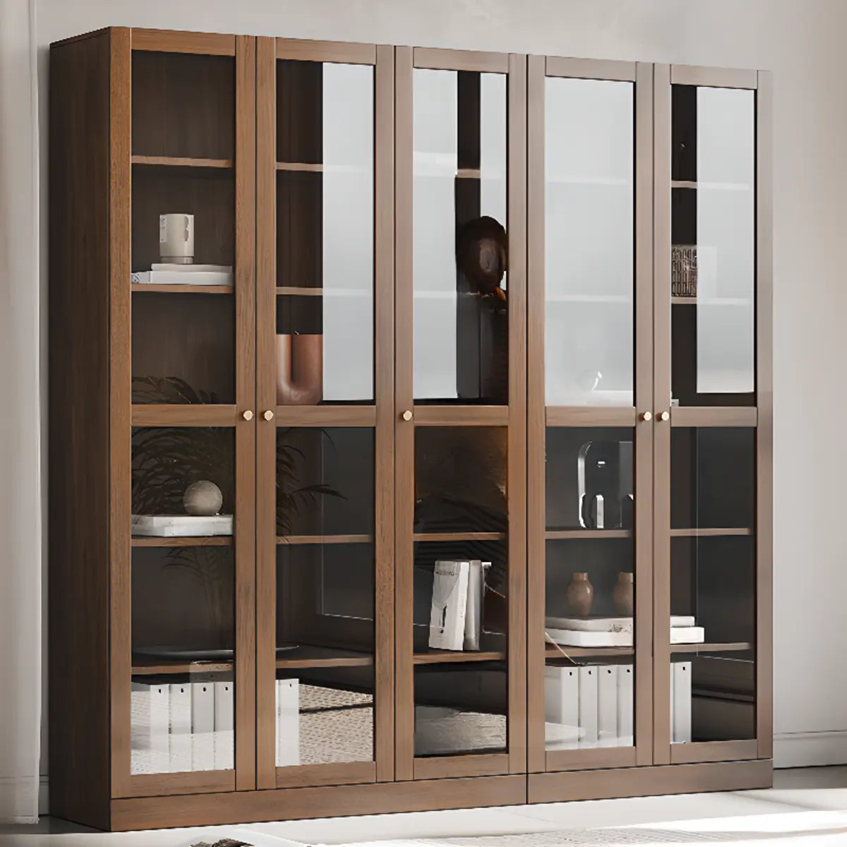 Antique Glass Door Vertical Wood Storage Bookcase Brown Image - 5