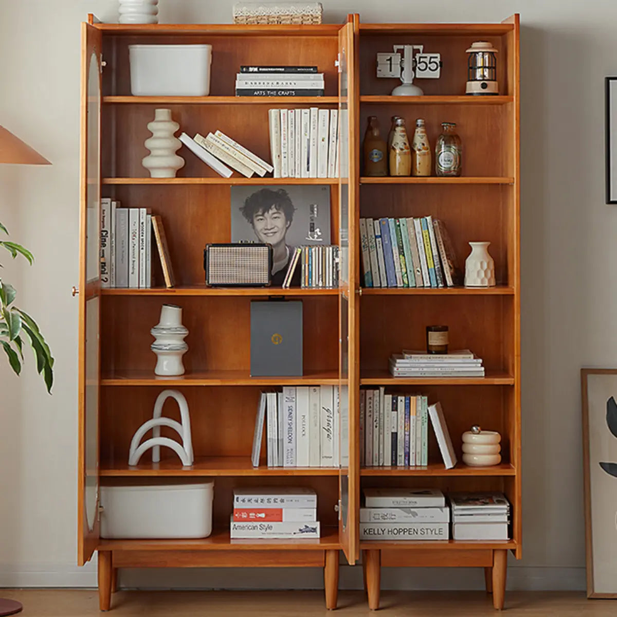 Antique Glass Doors Wooden Double Storage Bookcase Image - 4