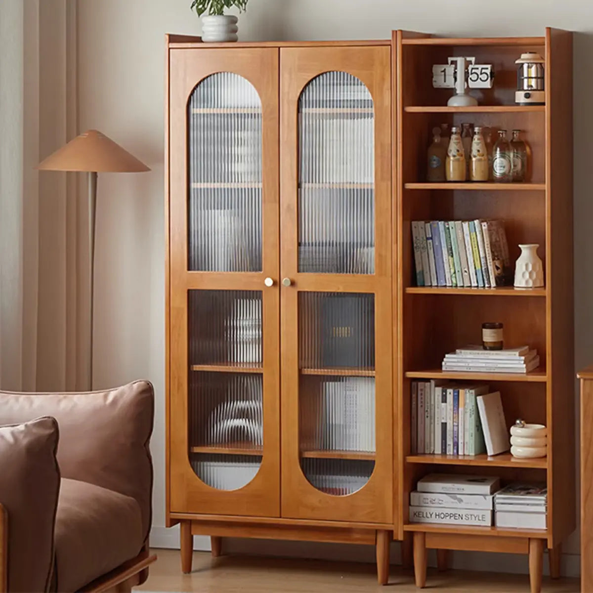 Antique Glass Doors Wooden Double Storage Bookcase Image - 6