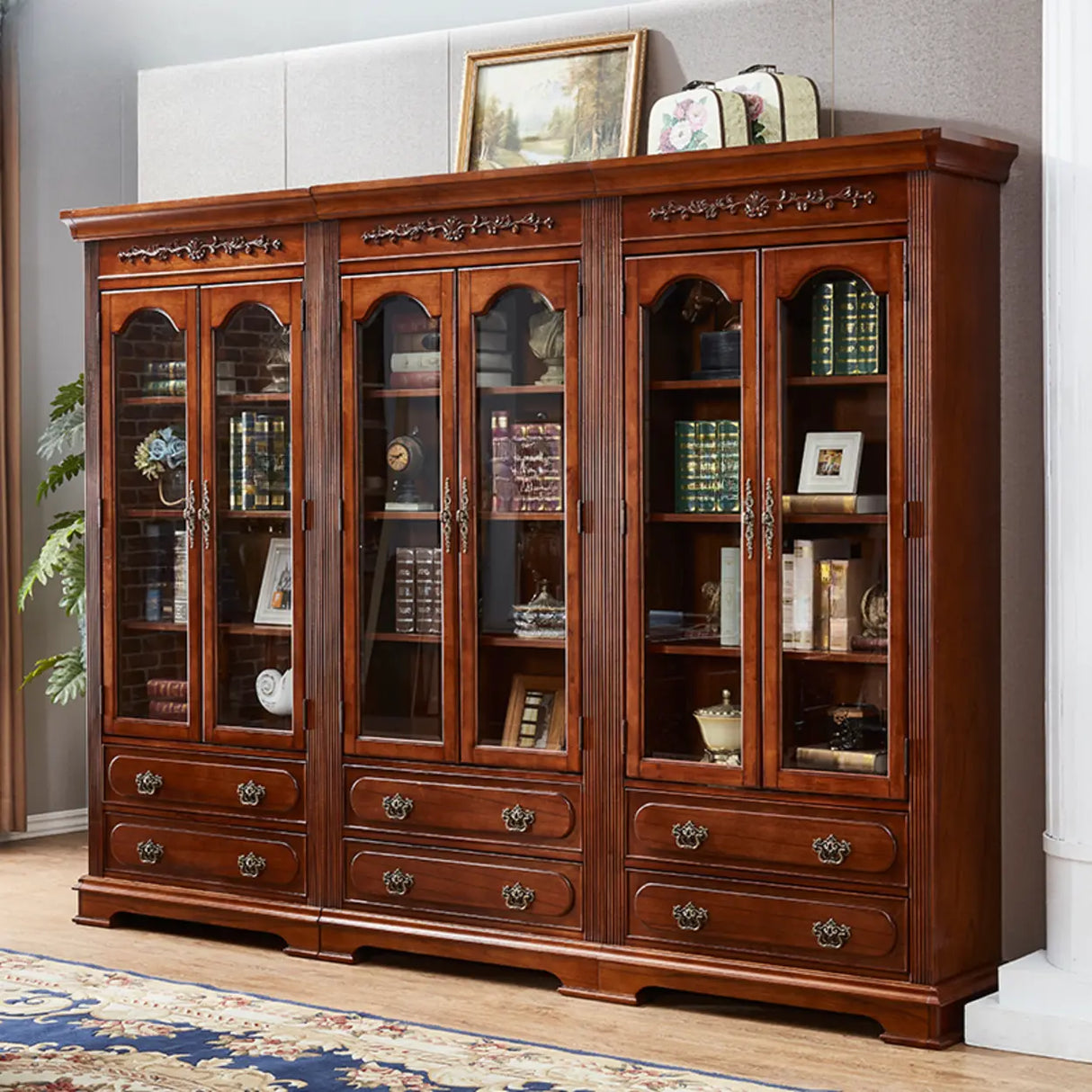 Antique Mahogany Cabinet Glass Doors Display Bookcase Image - 5