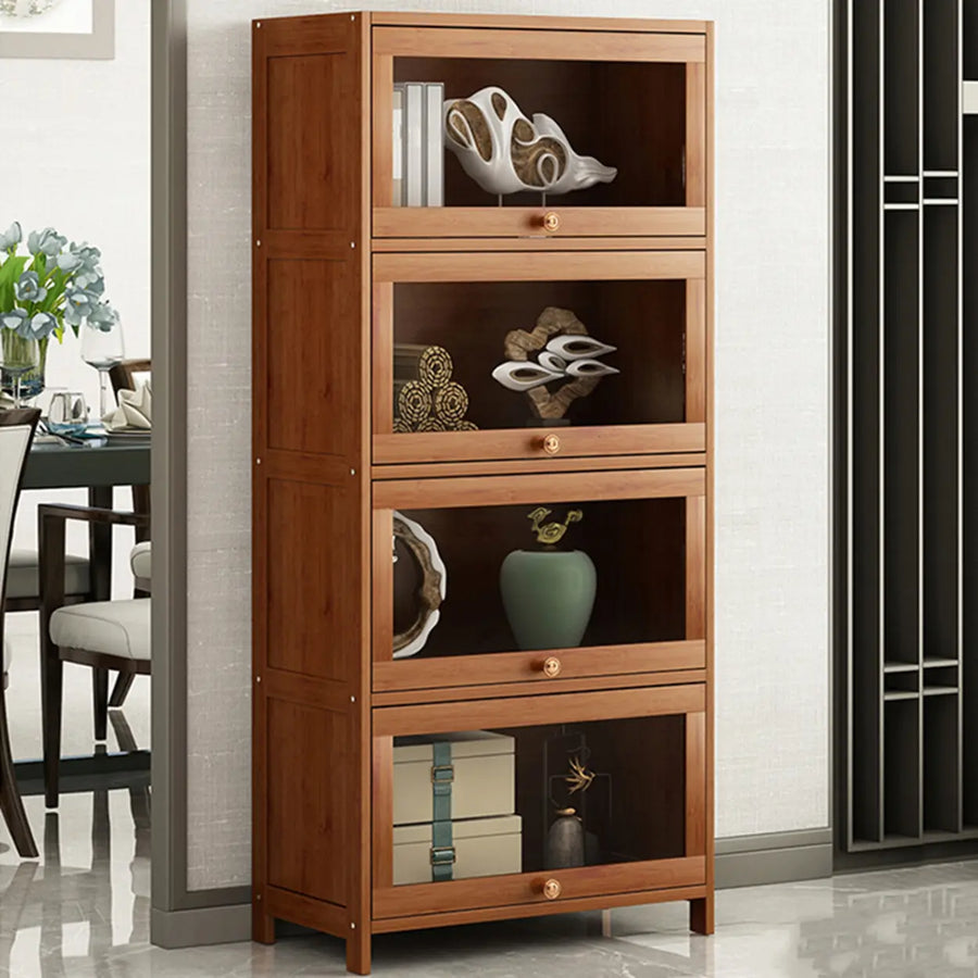 Tall brown bamboo cabinet bookcase with enclosed display compartments
