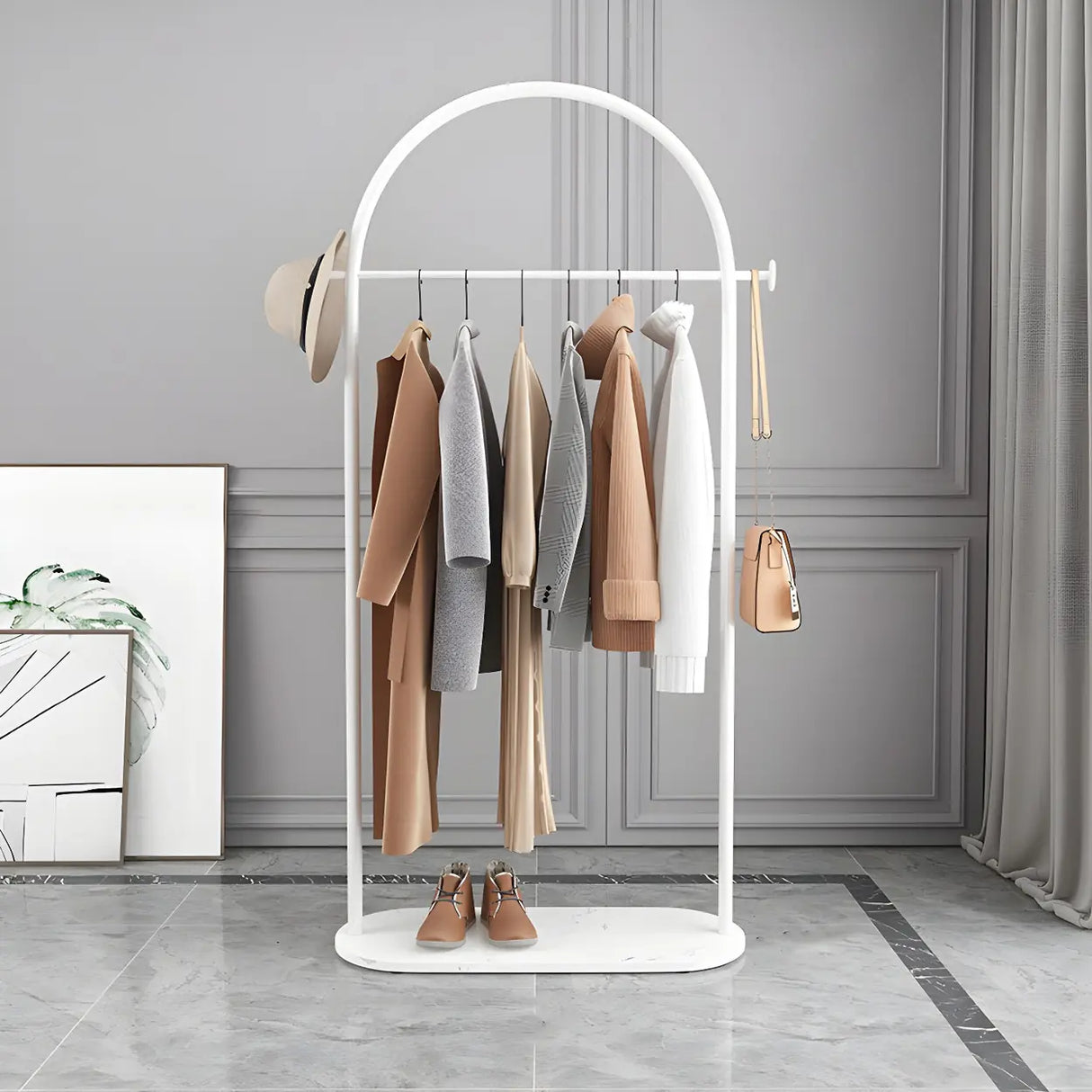 Arch Gold-White Freestanding Coat Rack with Hooks and Shelf Image - 2