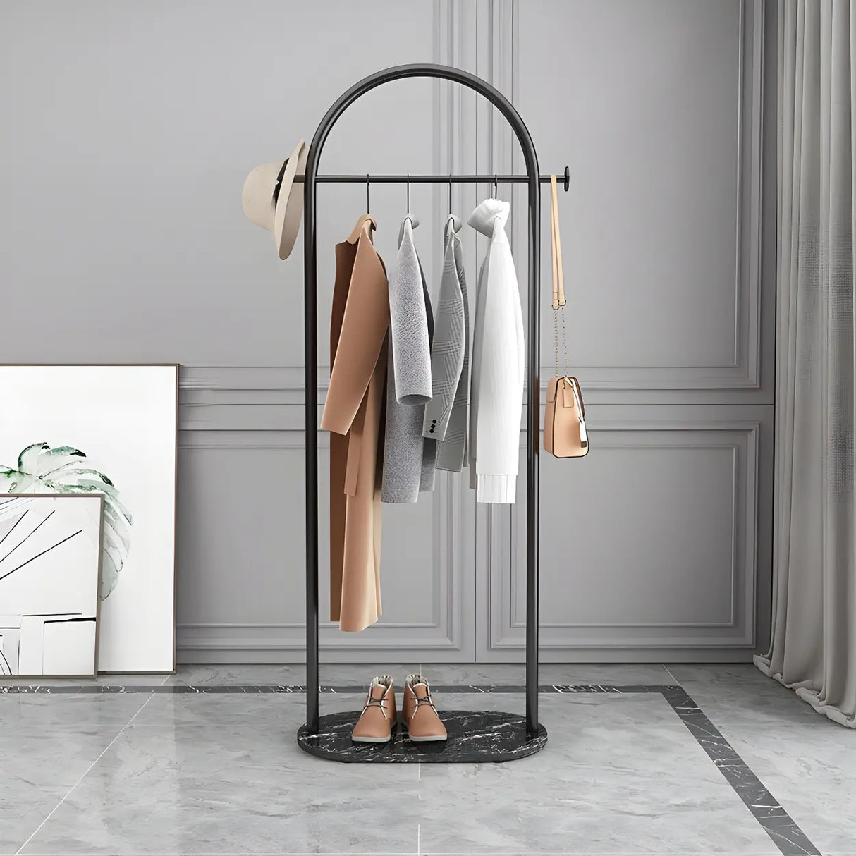 Arch Gold-White Freestanding Coat Rack with Hooks and Shelf Image - 3