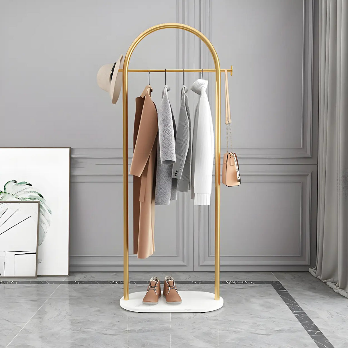 Arch Gold-White Freestanding Coat Rack with Hooks and Shelf Image - 4