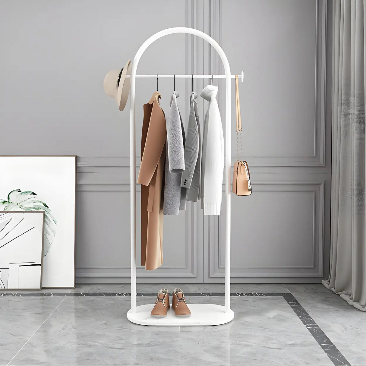 Arch Gold-White Freestanding Coat Rack with Hooks and Shelf Image - 5