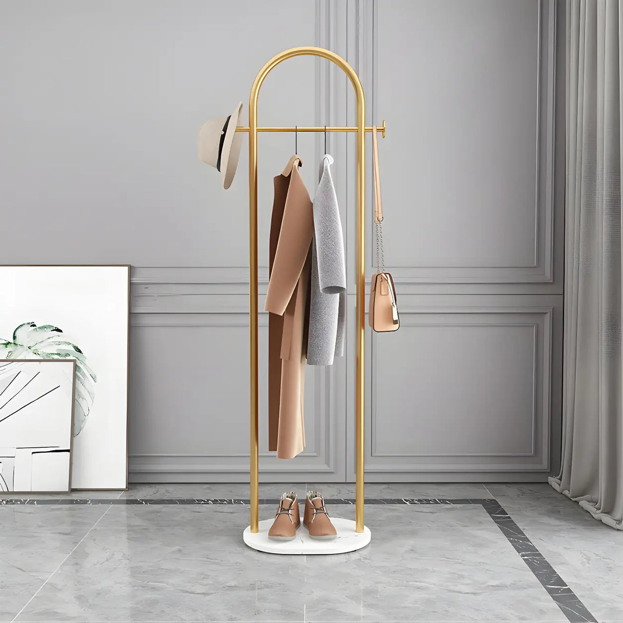 Arch Gold-White Freestanding Coat Rack with Hooks and Shelf Image - 6