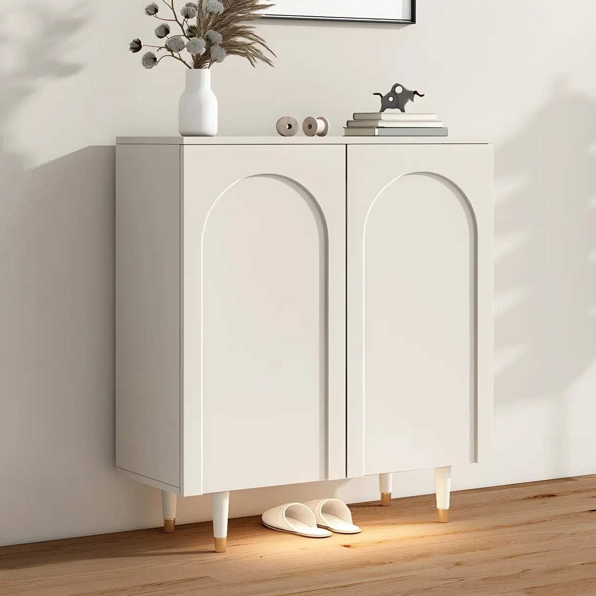 Arched Door Wood White Adjustable Shelves Shoe Cabinet Image - 2