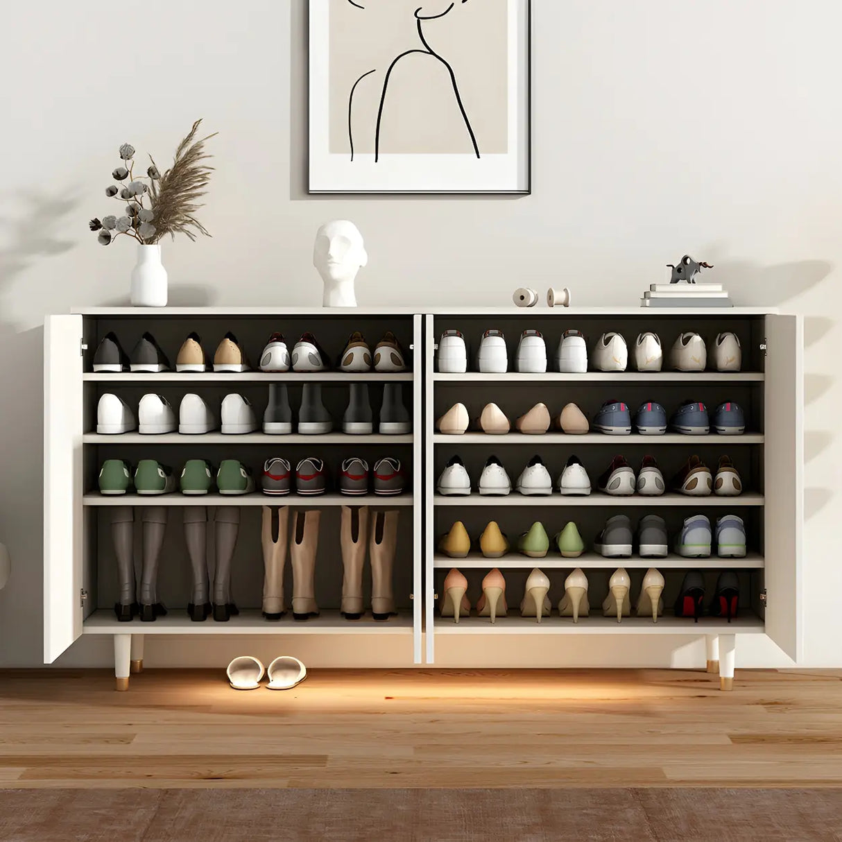 Arched Door Wood White Adjustable Shelves Shoe Cabinet Image - 7