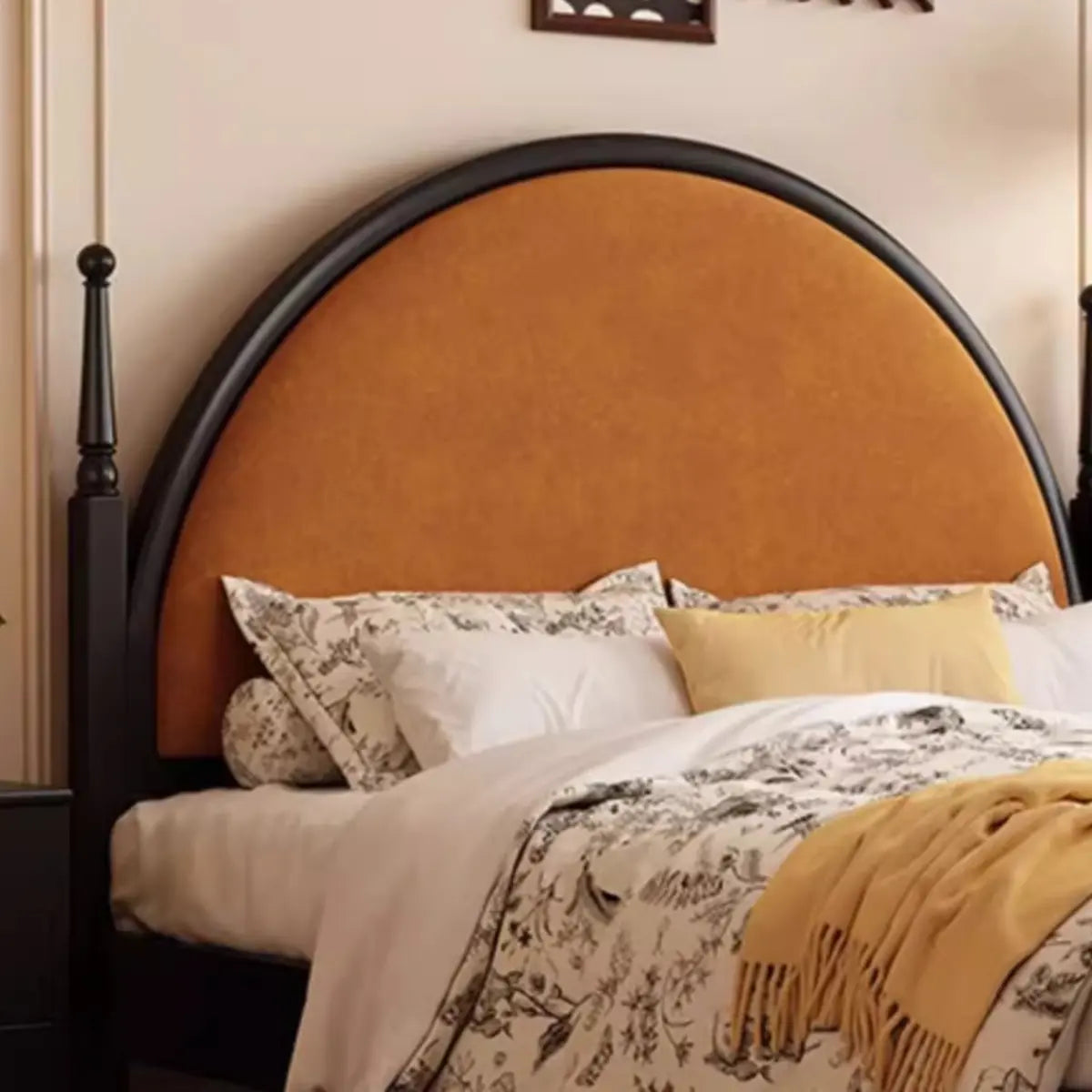 Arched Wood Black Queen Upholstered Headboard Panel Bed Image - 5