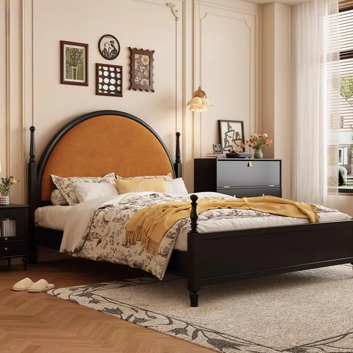 Arched Wood Black Queen Upholstered Headboard Panel Bed Image - 9