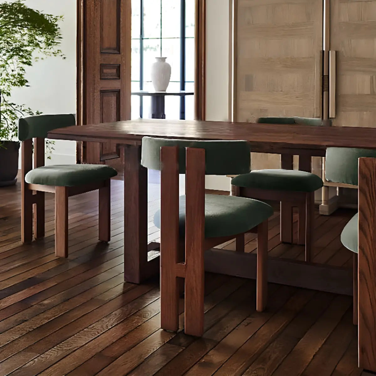 Armless Curved Back Wood Upholstered Dining Chair Green Image - 1